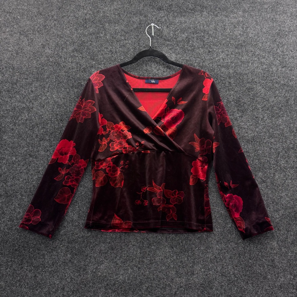 RAG Womens Burgundy Red Floral Velvet Wrap Top Long Sleeve Surplice Blouse